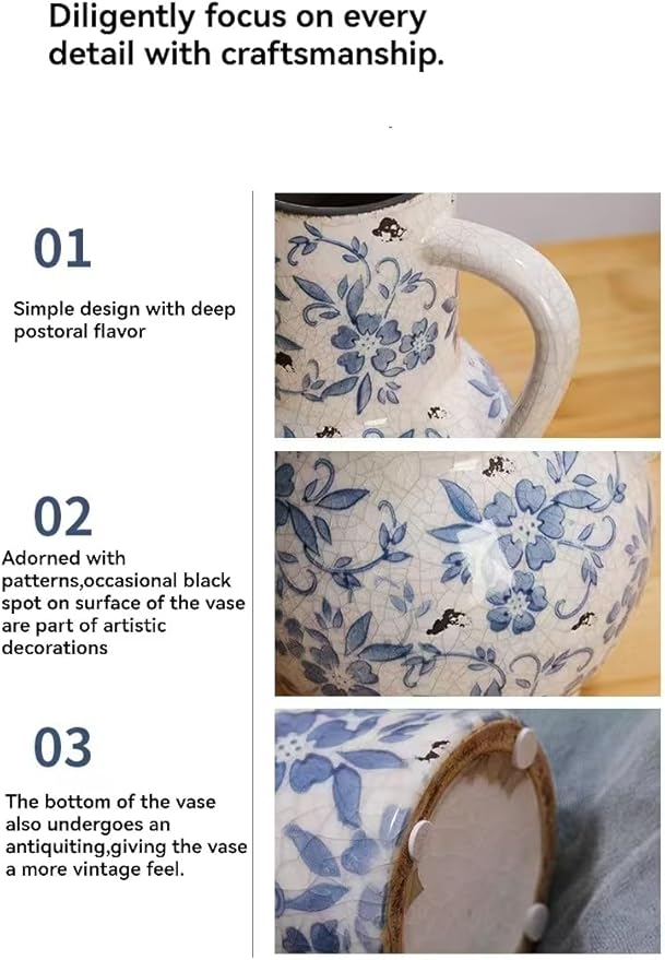 Decorative 10 inch Ceramic Flower Vase, Blue and White Floral Pattern, Crackle Glaze Finish