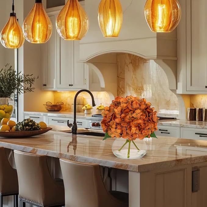 Hollyone Dark Orange Fall Hydrangea Artificial Flowers for Decoration with Glass Vase Silk Faux Flower Arrangements with Faux Water Fake Bouquet Table Centerpiece Vase with Flowers Autumn Home Decor