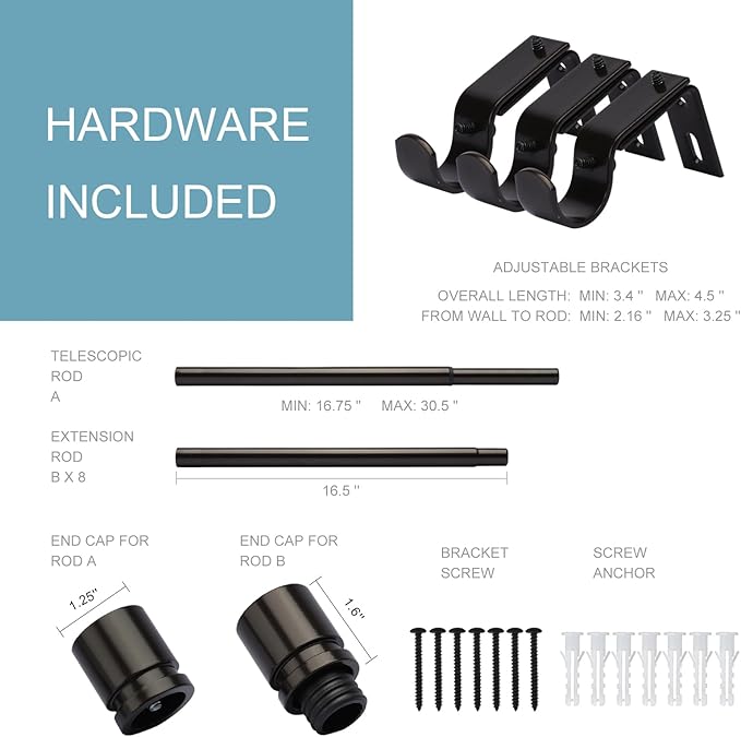 Curtain Rods for Windows 16 to 144 Inches Adjustable Length 1 Inch Diameter Window Curtain Rod with Aluminium End Cap, Antique Bronze