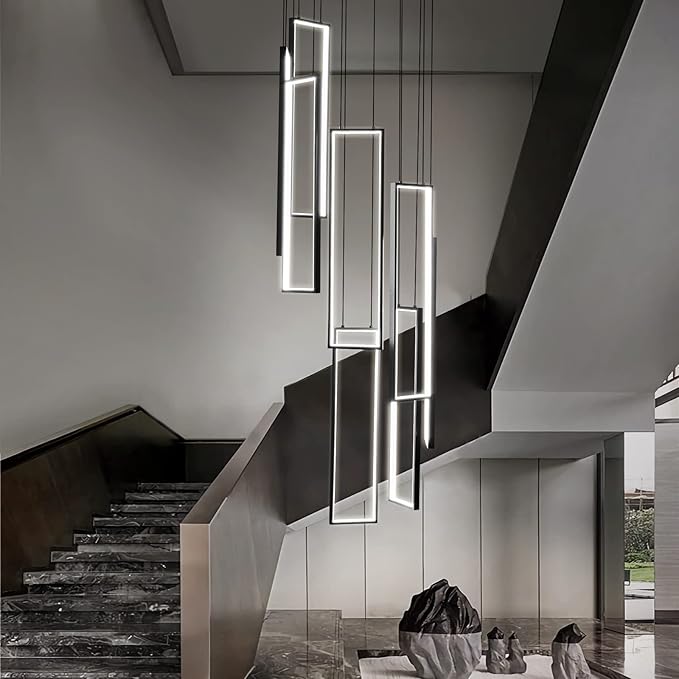 Modern Kitchen Island Dimmable Pendant Light Fixture Black 144W LED Pendant Lights 8 Rings Rectangular Chandelier Staircase Large Chandelier Lobby Living Room Foyer High Ceiling Chandeliers