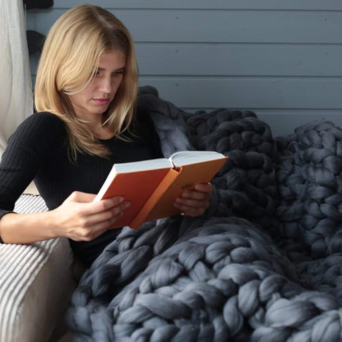 Chunky Knit Throw Bulky Merino Sofa Blanket Hand-Made Super Large Chair Mat Rug(Dark Gray 40"x60")