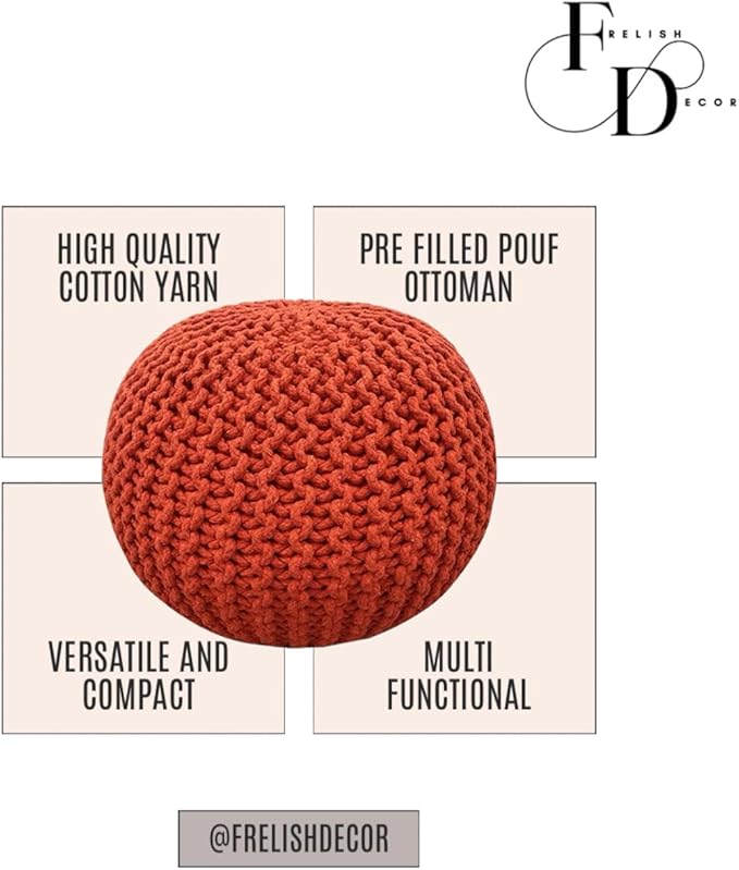 FRELISH DECOR Round Pouf Ottoman Hand Knitted 100% Cotton Pouf Foot Stool - Knitted Bean Bag - Floor Chair for Living Room Bedroom - Foot Rest for Couch (20 Diameter x 14 Height) - Rust