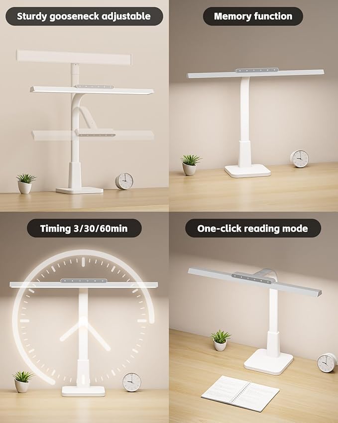 LED Desk Lamp for Home Office with Base, Dimmable Eye-Caring Computer Light with Memory & Timer Functions, Flexible Gooseneck Touch Control Architect Desk Light for Reading, Study, Workbench (White)