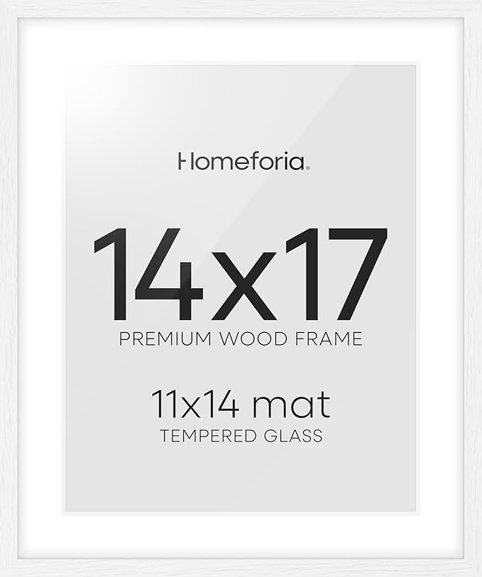 Homeforia 14x17 Picture Frame White, High End Oak 14x17 White Wood Frame with Mat 11x14 Photo, 14 x 17 Wooden Poster Frames Matted to 11 by 14, 17x14 Hanging Frames, Tempered Glass, Wall Kit, Set of 1
