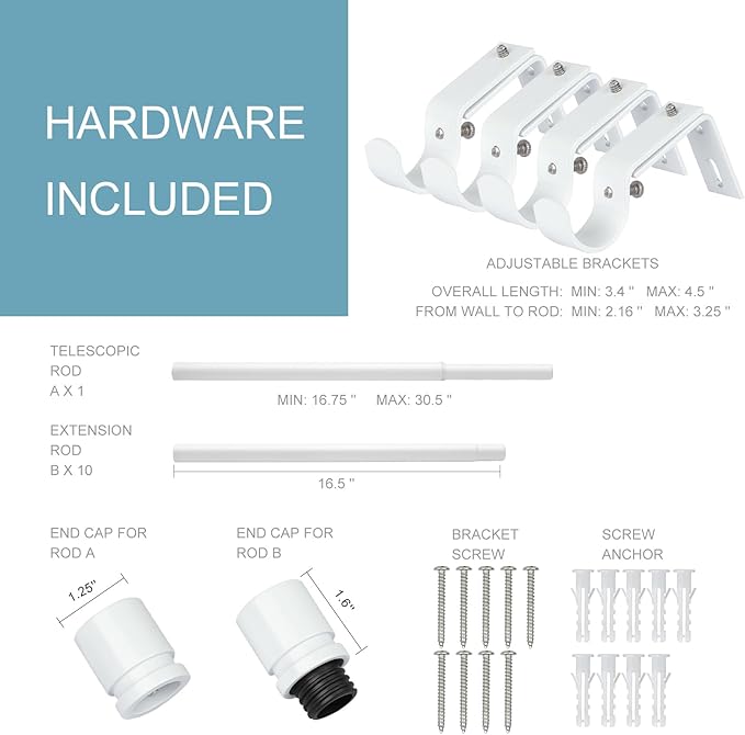 Curtain Rods for Windows 16 to 170 Inches Adjustable Length 1 Inch Diameter Window Curtain Rod with Aluminium End Cap, White