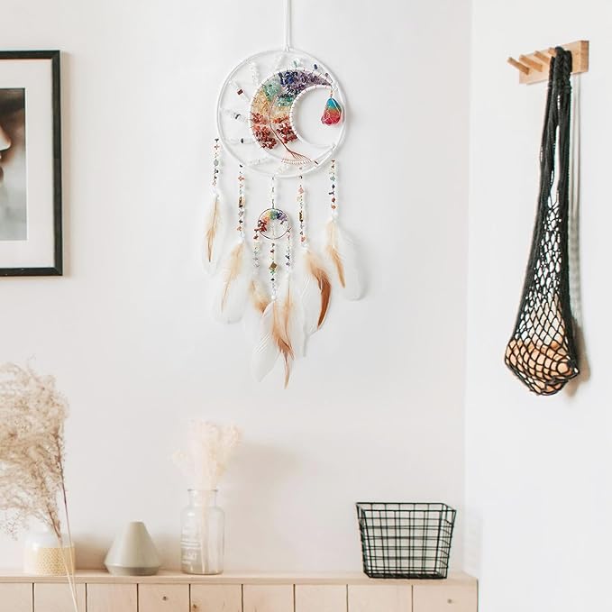 7 Chakras Dream Catchers Tree of Life Dream Catcher White Feather Dreamcatcher Wall Decor with Healing Crystal Stone & Fluorite Wall Art Hanging for Bedroom Home Decor Bless Gift Wedding Garden