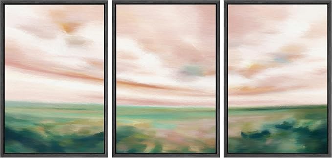 SIGNWIN Framed Canvas Print Wall Art Set Pastel Watercolor Pink Cloud Sky Green Countryside Hill Nature Wilderness Illustrations Modern Art Decorative Scenic Relax/Calm for Bedroom - 16"x24"x3 Black