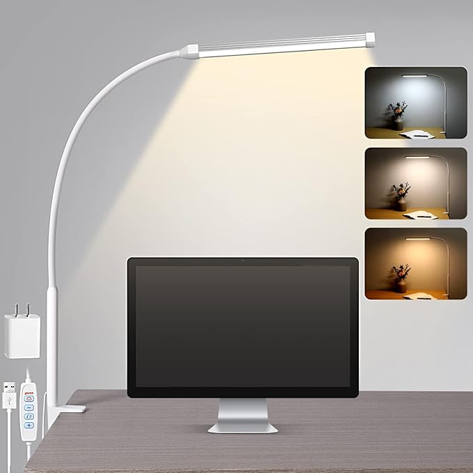 LED Desk Lamp with Clamp, Eye-Caring Clip on Lights for Home Office, 3 Modes 10 Brightness, Long Flexible Gooseneck, Metal, Swing Arm Architect Task Table Lamps with USB Adapter, White