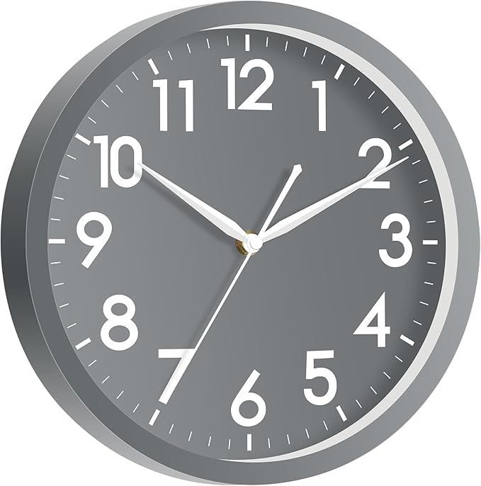 AKCISOT Wall Clock Bathroom 10 Inch Analog Small Wall Clocks Battery Operated - Silent Non Ticking Modern Simple Style Clock Decorative for Kitchen,Bedroom,Home Office,Living Room,School(Gray)