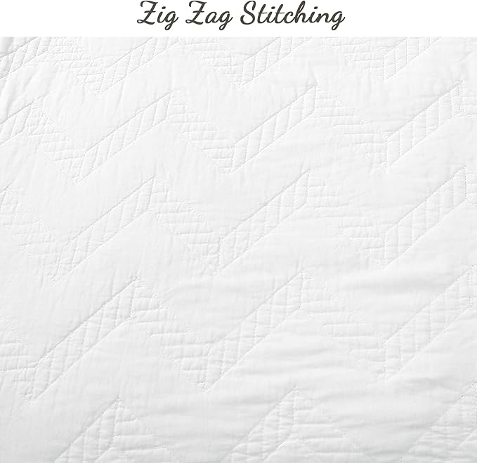 Cozy Line Home Fashions 100% Cotton Geometric Modern Zig Zag Stitch Solid White Quilt Bedding Set, Coverlet, Bedspread Lightweight for All Season (Chevron - White, Twin - 2 Piece)