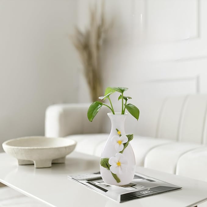 Artistic Ceramic Bud Vase with 3D Embossed Flower Pattern, for Dried/Fresh Flowers, Home Decor Vase Perfect for Modern Farmhouse Style Living Room Dining Table Centerpiece Shelf Accent