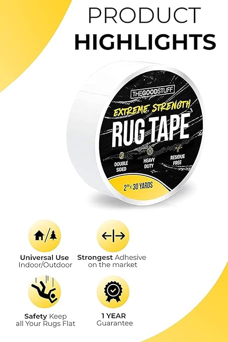 Heavy Duty Double Sided Rug Tape [2"x100yd] Rug Pad Gripper for Hardwood Floors, Vinyl, Area Rugs, Tiles, and Concrete, Two Sided Tape Heavy Duty Carpet Tape, Strong Double Sided Carpet Tape