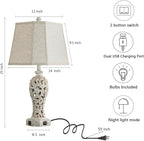 Set of 2 Rustic Table Lamps for Living Room Bedroom, Farmhouse Vintage Nightstand Lamp with 2 USB Ports, Hollow Out Resin Lamp for End Table with Nightlight, Bulbs Included (Wash White)