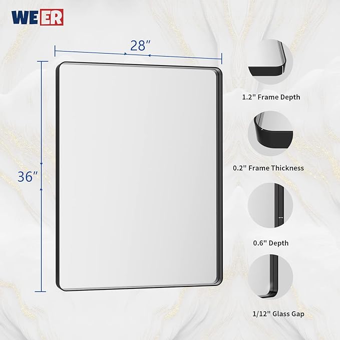 WEER Black Bathroom Mirror for Wall 28X36 Inch, Rectangular Black Metal Framed Vanity Mirror, Farmhouse Bathroom Mirror with Tempered Glass, Rounded Corner, Anti-Rust (Horizontal/Vertical)