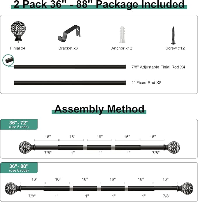 2 Pack Black Curtain Rods for Windows 48 to 84 Inch,1'' Diameter Drapery Rods with Leaf Pattern Finials,Decorative Adjustable Heavy Duty Curtain Rods Set,36-88''