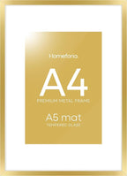 Homeforia A4 Gold Picture Frame, High End Metal 8.3 x 11.7 Frames for Wall or Tabletop, Gold A4 Certificate Frame with Mat A5, 8.3x11.7 Frames Matted to 5.8x8.3 Art, Tempered Glass, Wall Kit, Set of 1