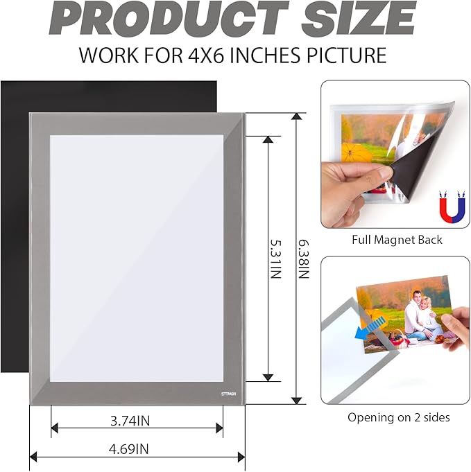 Magnetic Photo Frames with Sliver-Grey Border(4"X6",10 Pack),Magnet Picture Frame Pockets/Postcard Holder,Decorations for Fridge/Lockers/Home/Office/School/Classroom/Whiteboard/Party