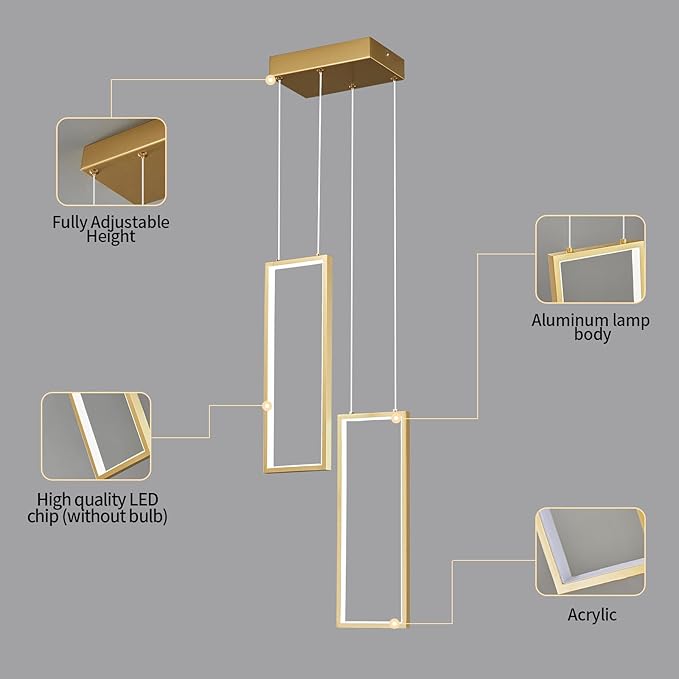 Modern Kitchen Pendant Light Fixture Gold 18W LED Pendant Light 2 Rings Rectangle Chandelier Pendant Lighting for Kitchen Island Living Room Dining Room Bedroom