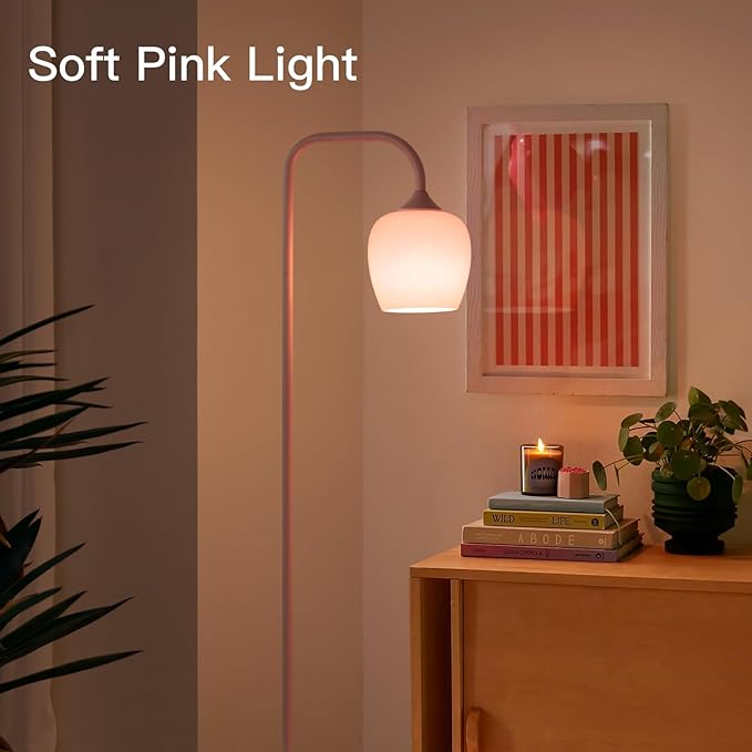 ONEWISH Pink Floor Lamp-Modern Standing Lamp for Living Room Bedroom, Glass Lamp Shade, LED Bulb Included, Cute Simple Design, for Girls Women