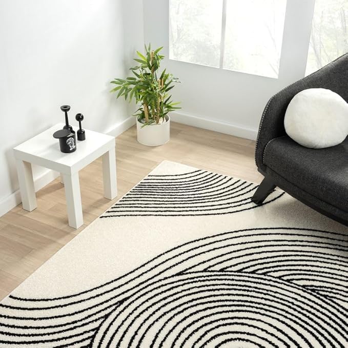 Abani Nuevo Beige Black Swirls Modern Area Rug 5' x 8' for Living Room, Bedroom - Abstract Design - Durable & Easy to Clean