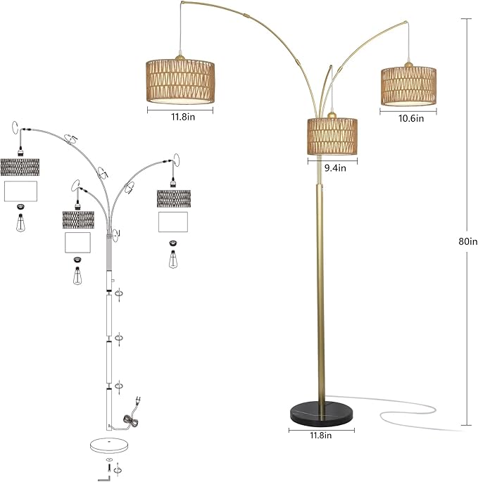 Modern Gold Floor Lamp for Bedroom, Arc Standing Lamp for Living Room, Dimmable Boho Rattan Tall Lamp, Farmhouse Floor Lamps for Office Decor, Height Adjustable Arched Lamp, Over Couch Reading Lamp