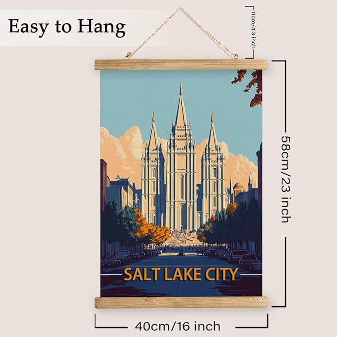WREVERW Vintage Salt Lake City Poster Canvas Print with Wooden Hanger Frame, Featuring the Historic Salt Lake Temple, Wall Art for Home and Office Decor, 16x23 inches