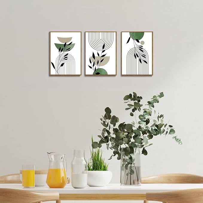 Bwodke Boho Wall Art, Framed Abstract Wall Art, Line Plants Leaf Canvas Wall Decor, Mid Century Sage Green Geometric Pictures Set of 3, Minimalist Paintings, for Bedroom Living Room Bathroom 16"x24"