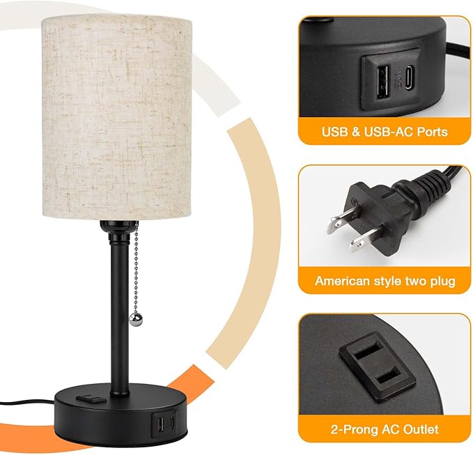 Small Bedside Table Lamp for Nightstand with USB & Outlet, 3 Color, Matte Black, Beige Lampshade (LED Bulb Included)