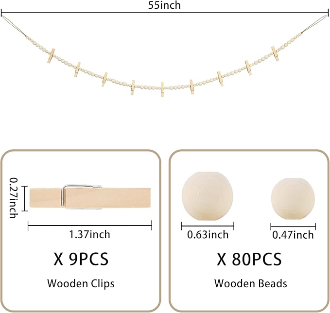 2PCS Boho Hanging Photo Display with Clips - Wooden Bead Garland String,Photo Collage Holder for Dorm,Cubicle & Teen Girl Room Decor,Picture Wall Banner with Clips for Bedroom Office Decorations