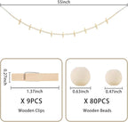 2PCS Boho Hanging Photo Display with Clips - Wooden Bead Garland String,Photo Collage Holder for Dorm,Cubicle & Teen Girl Room Decor,Picture Wall Banner with Clips for Bedroom Office Decorations