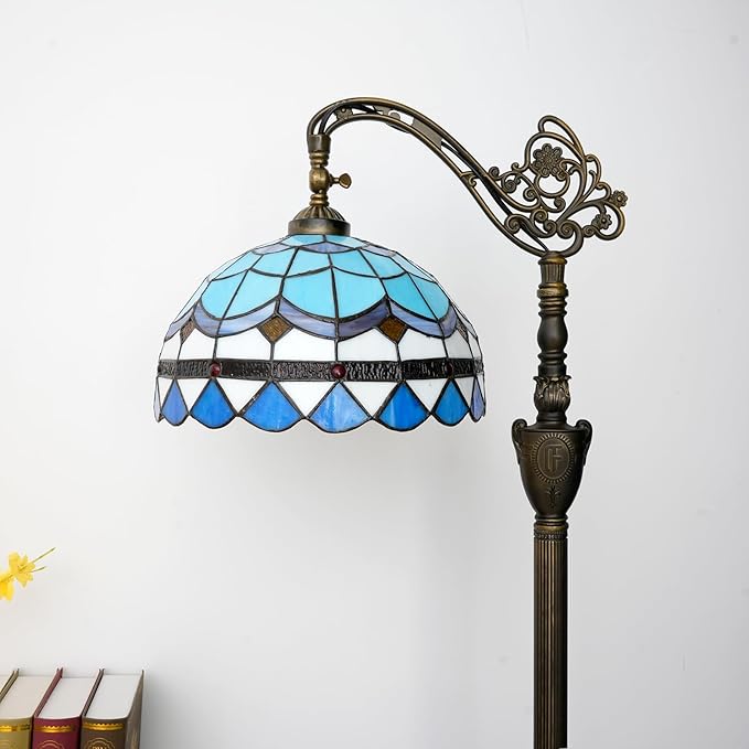 Tiffany Floor Lamp Vintage Standing Lamp Blue Mediterranean Style Stained Glass Floor Light Rustic Corner Gooseneck Floor Lamp with Adjustable Angle for Home Decor Living Room Bedroom 12X12X63 Inches