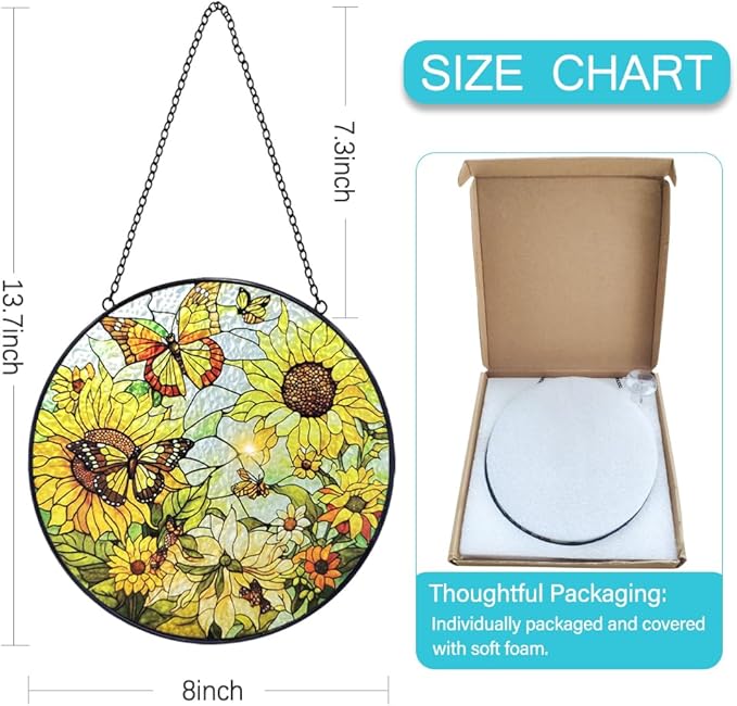 Sunflower Sun Catcher Stained Glass Window Hangings - 8” Handmade Butterfly Stained Glass Suncatches for Windows - Sun Catchers Indoor Wall Art Home Garden Suncatcher - Sunflower Gifts for Women Mom