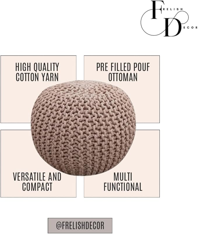 FRELISH DECOR Round Pouf Ottoman Hand Knitted 100% Cotton Pouf Foot Stool - Knitted Bean Bag - Floor Chair for Living Room Bedroom - Foot Rest for Couch (20 Diameter x 14 Height) - Taupe