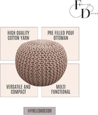 FRELISH DECOR Round Pouf Ottoman Hand Knitted 100% Cotton Pouf Foot Stool - Knitted Bean Bag - Floor Chair for Living Room Bedroom - Foot Rest for Couch (20 Diameter x 14 Height) - Taupe