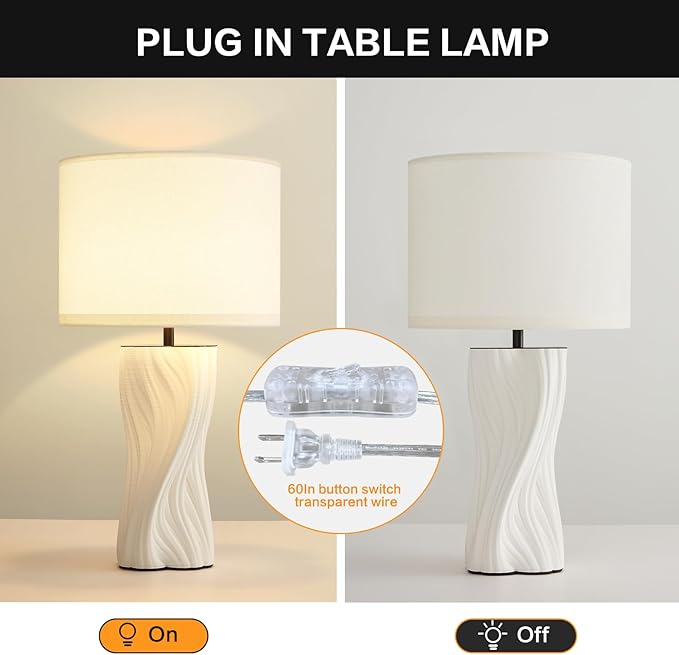 White Ceramic Table Lamps 21.5In, Modern Plug in Table Lamp Decor for Bedroom Bedside Nightstand Living Room Office Desk
