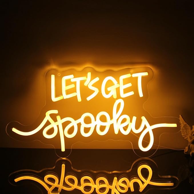 Let's Get Spooky Neon Signs Halloween Neon Sign Yellow Letter LED Neon Light Signs Spooky Neon Wall Sign Quote LED Sign Neon Lights for Wall Bedroom Bar Man Cave Party Halloween Room Decor