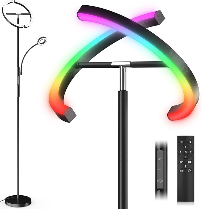 Upgraded RGBCW Floor Lamp with Reading Lamp, Rotatable Remote Control LED Standing Lamp Dimmable Floor Light Modern Standing Light for Living Room Bedroom Home Office, 36W, Black