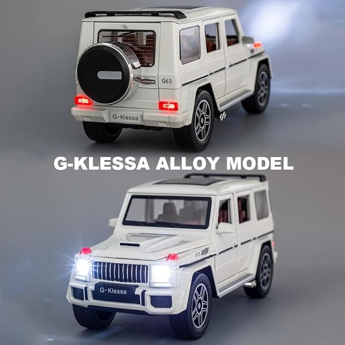 EROCK Exquisite Car Model Toy 1/24 Benz G63 Off-Road Model Car, Zinc Alloy Pull Back Toy Car with Sound and Light for Kids 4 Years Old Boys Girl Birthday Gift Children‘s Day Gift (White)