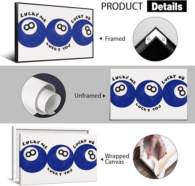 Blue 8 Ball Poster, Lucky Me Lucky You Lucky Us Quote Canvas Wall Art, Playful Billiards Balls Picture Print, Retro 8ball Pool Painting for Bar Cart Game Room Man Caves Wall 24x36in Wrapped Canvas