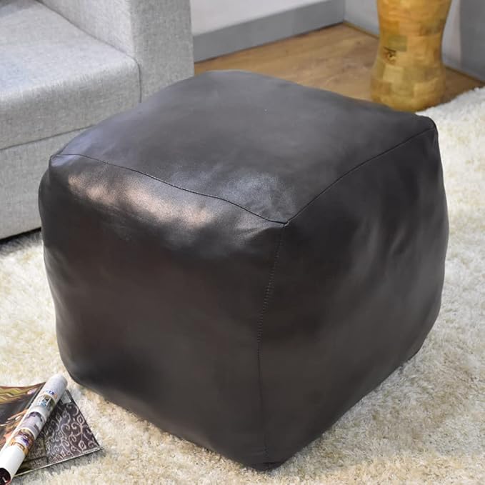 Square Shaped Goat Leather Handmade Eco-Friendly Black Pouf - 18" x 18" x 18", Plain Solid, Recycled Cotton Filled Stuffed Seating PF12