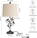 27" Touch Farmhouse Table Lamps for Living Room with 3-Way Dimmable 2 USB Ports, Vintage Rustic Iron Leaf Nightstand Lamp for Bedroom, LED Bulb Included
