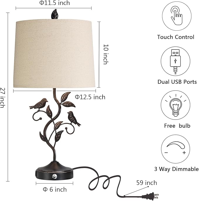 27" Touch Farmhouse Table Lamps for Living Room with 3-Way Dimmable 2 USB Ports, Vintage Rustic Iron Leaf Nightstand Lamp for Bedroom, LED Bulb Included