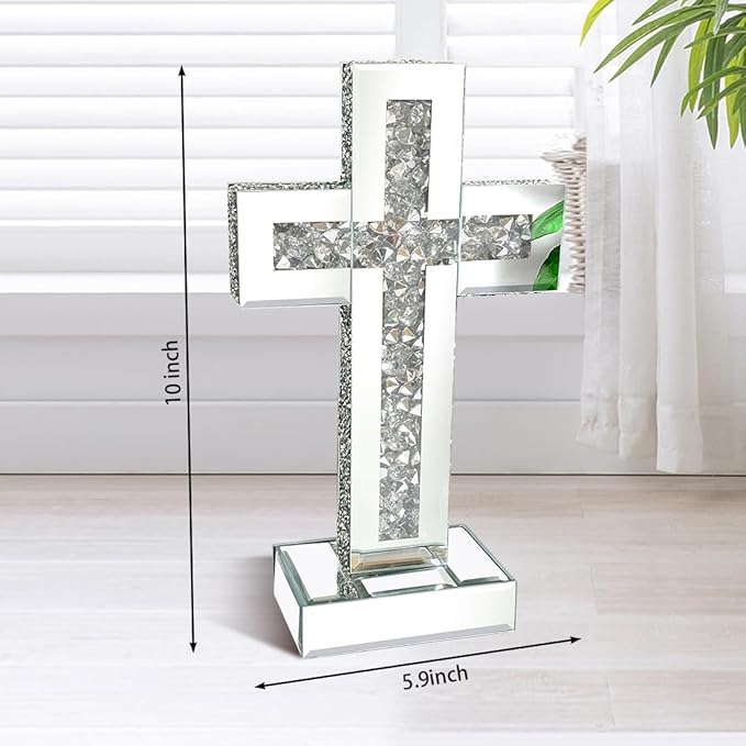 Aeveco Silver Mirrored Cross, Crystal Crush Diamond Cross for Living Room, Bedroom, Home Decor