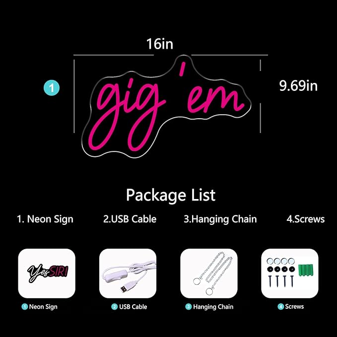 Gig‘em Aggies Neon Sign Pink LED Neon Light Signs for Wall Decor USB Operated Concert Girls Dorm Room Decoration Beauty Texas A&M University Wall Art Birthday Gifts for Women 16x9.69