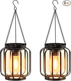 Solar Hanging Lanterns Outdoor: 2 Pack Metal Solar Hanging Lights with Hook, Bright - Warm Waterproof LED Lanterns for Outside, Classic Decorative Solar-Powered Light for Yard Garden Patio Porch Decor