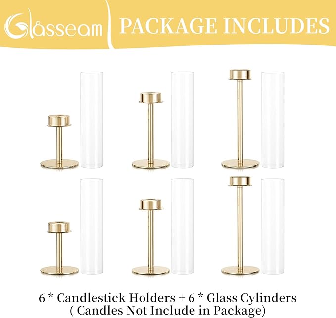 Glasseam Hurricane Gold Candlestick Holder, Set of 6 Tall Candle Stick Candle Holder with Hurricane Chimney, Modern Taper Candle Holder for Table Centerpiece Wedding DiningTable Christmas Decor
