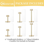 Glasseam Hurricane Gold Candlestick Holder, Set of 6 Tall Candle Stick Candle Holder with Hurricane Chimney, Modern Taper Candle Holder for Table Centerpiece Wedding DiningTable Christmas Decor