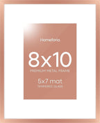 Homeforia Rose Gold 8x10 Picture Frame, High End Metal 8 x 10 Poster Frames with Mat 5 by 7 Print, 10x8 Thin Frame Matted to 7x5 Photo, 8by10 Wall or Tabletop Frame, Tempered Glass, Wall Kit, Set of 1