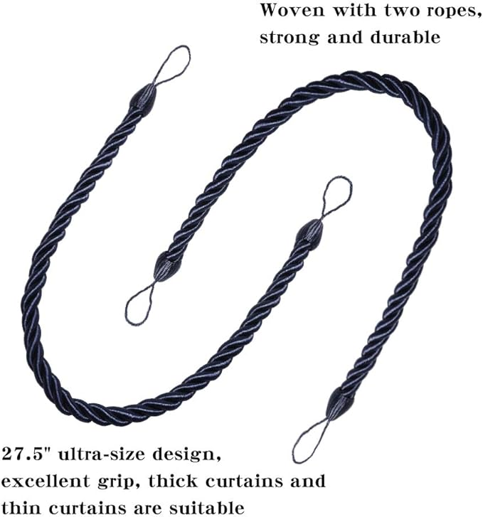 BEL AVENIR Curtain Ropes Tiebacks Tie-Backs Curtain Handmade Holdbacks with 2 Metal Screw Hooks (Navy, 2pack)