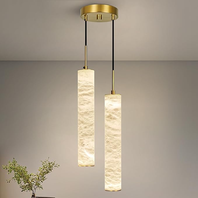 LMQNINE Natural Alabaster Pendant Lights for Kitchen Island White Marble Long Tube Chandelier Modern Gold Ceiling Light Fixtures for Bedroom Dining Room Table Living Room Hallway(M-2Light)